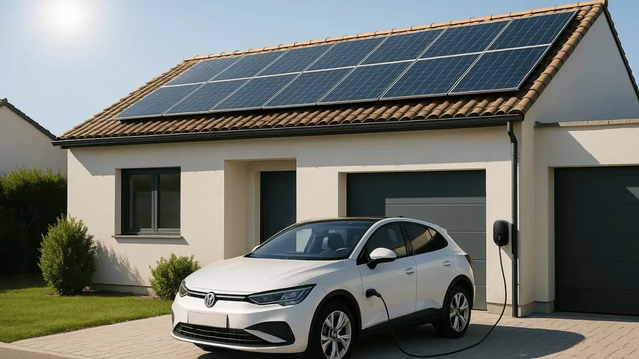 Coche eléctrico blanco cargando en casa con placas solares en el tejado.