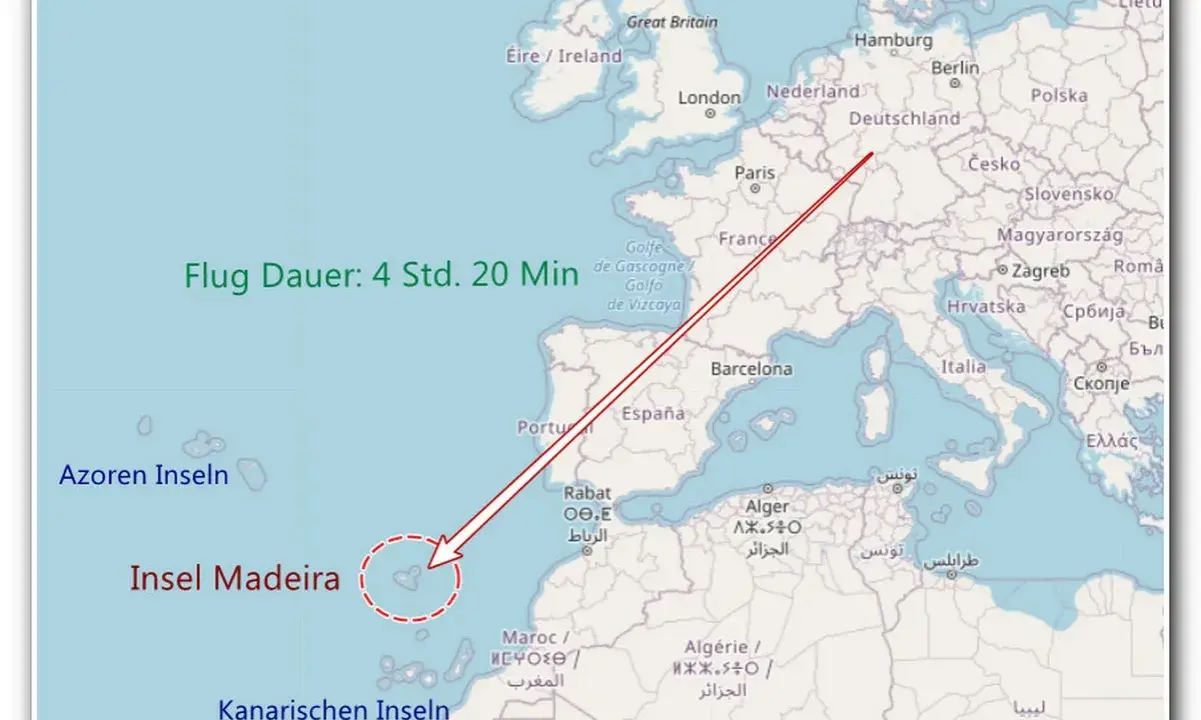 Flugroute von Mitteleuropa zur Insel Madeira, die zu Portugal gehört. Flugdauer 4 Std. 20 Min.