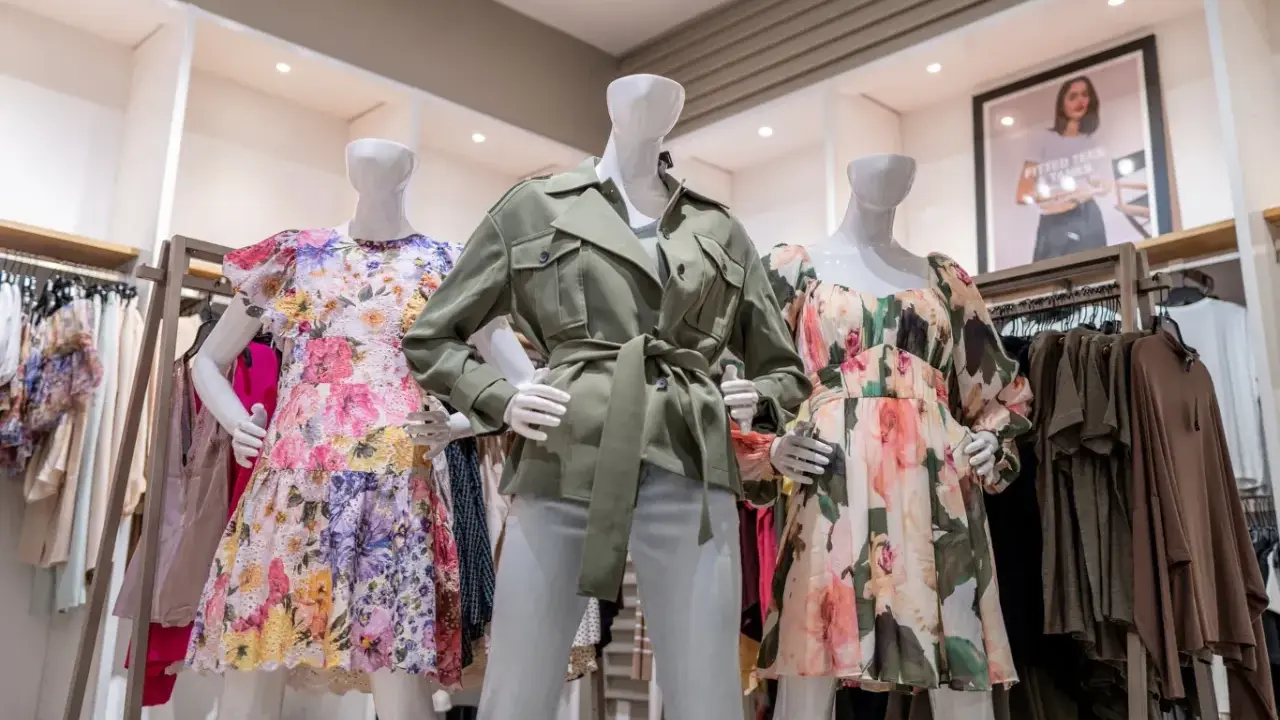 Manekiny w sukienkach w kwiaty i zielonej kurtce. To styl marki Scotch & Soda, znanej z kolorowych, letnich ubrań.
