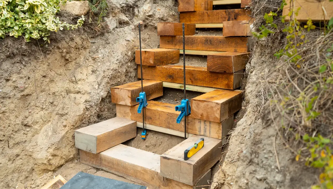 Construction d'un escalier en bastaing dans une pente. Des serre-joints bleus maintiennent les poutres en bois pendant que le niveau à bulle assure la précision.