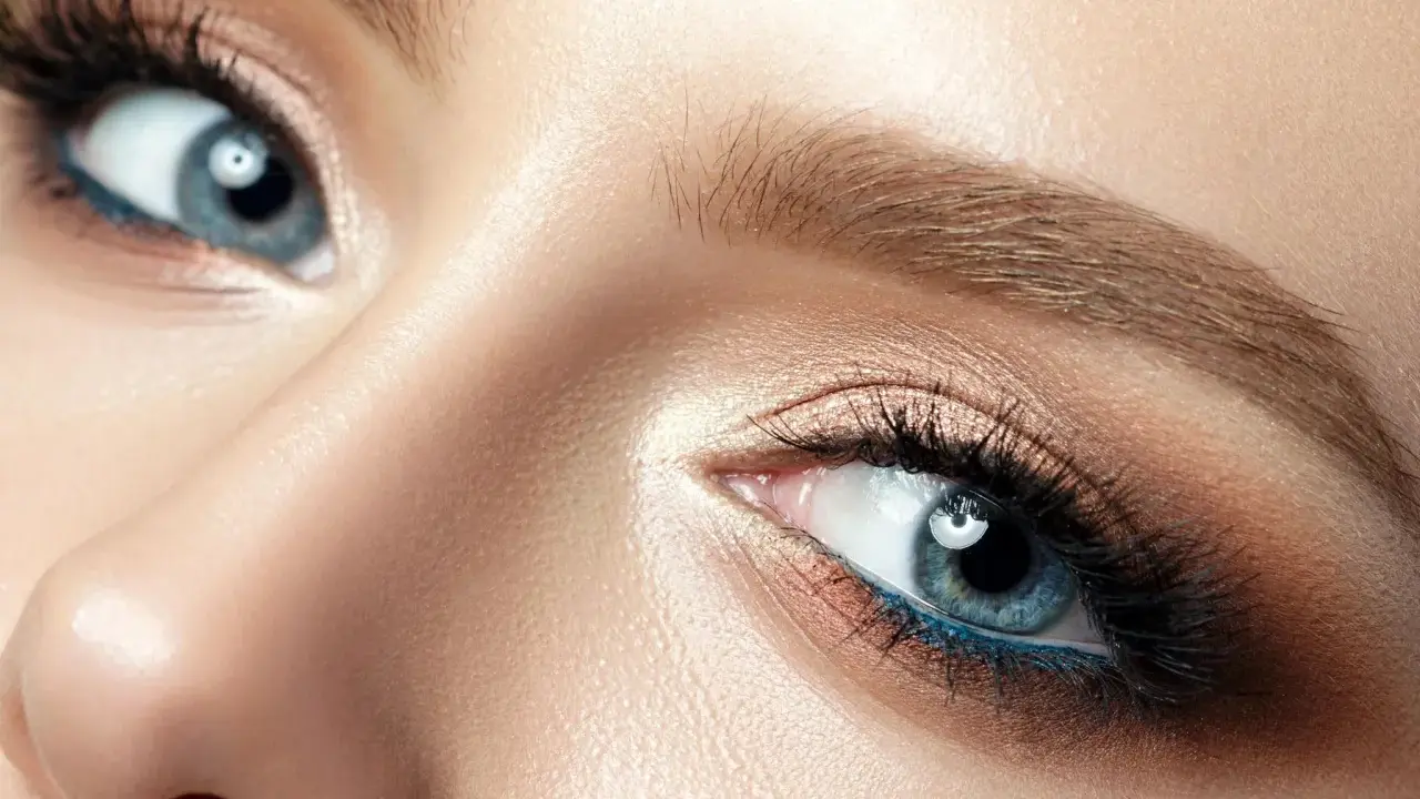 Nahaufnahme eines blauen Auges mit braunem Lidschatten und blauer Eyeliner-Linie. Perfekt für die Frage: welche haarfarbe bei blauen augen.