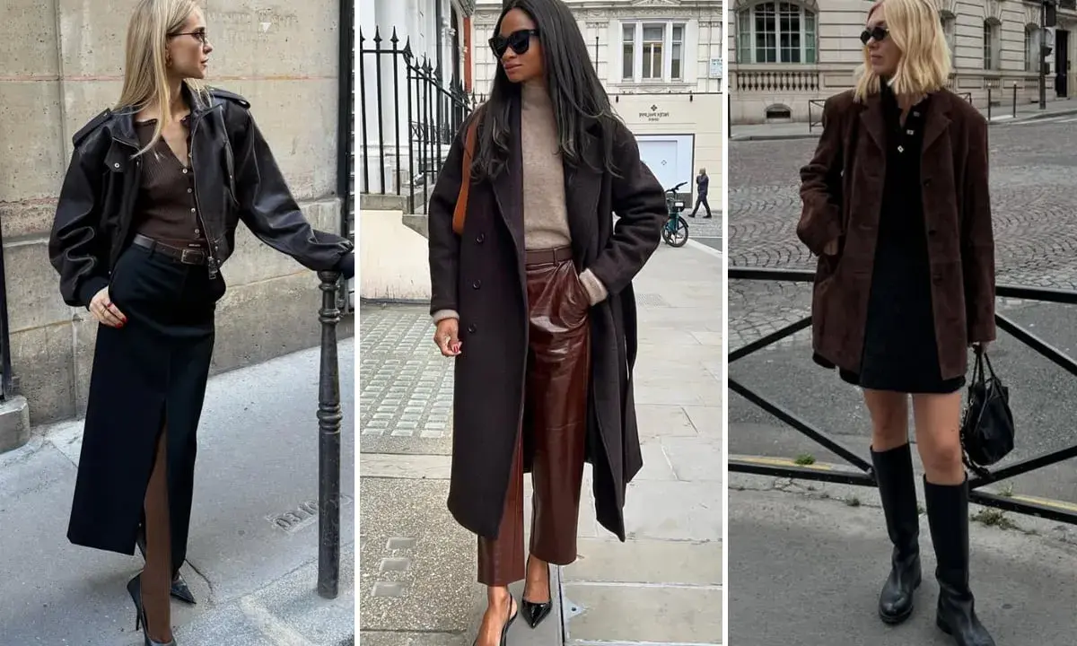 Tre donne sfoggiano outfit eleganti. Il marrone e fucsia stanno bene insieme, come dimostrano i dettagli in pelle e i collant.