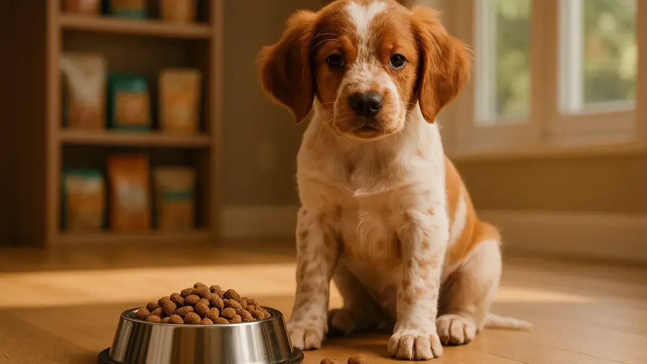 Adorable chiot Epagneul Breton, prêt à déguster sa gamelle. Une alimentation saine pour un chien plein de vie.
