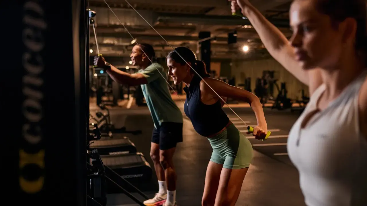 Drei Personen machen ein intensives AMRAP Workout an Kabelzügen. Sie ziehen die Griffe nach hinten und trainieren so ihren Rücken.