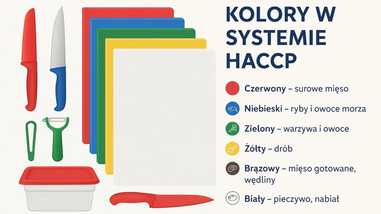 Kolory desek do krojenia w systemie HACCP: czerwona dla surowego mięsa, niebieska dla ryb, zielona dla warzyw, żółta dla drobiu, brązowa dla wędlin, biała dla pieczywa.