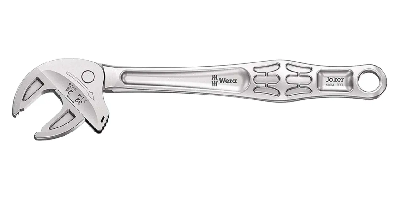Llave ajustable Wera Joker, con un diseño ergonómico y marcas de tamaño. Ideal para trabajos de fontanería y mecánica, sus carracas integradas facilitan el apriete.