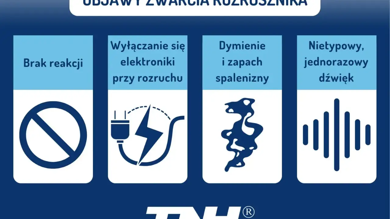 Objawy zwarcia rozrusznika: brak reakcji, wyłączanie elektroniki, dymienie i zapach spalenizny, nietypowy dźwięk.