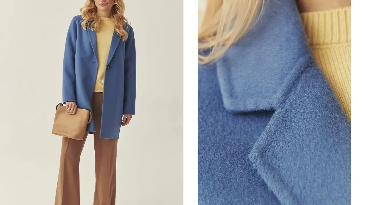 Modelka w niebieskim płaszczu i beżowych spodniach udowadnia, czy beżowy pasuje do niebieskiego. Elegancka stylizacja.