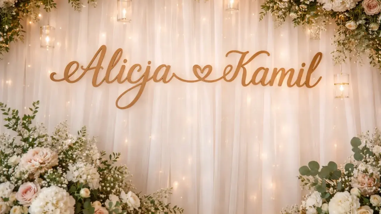 Drewniane imiona na ściankę weselną: Alicja i Kamil, ozdobione kwiatami i światełkami.