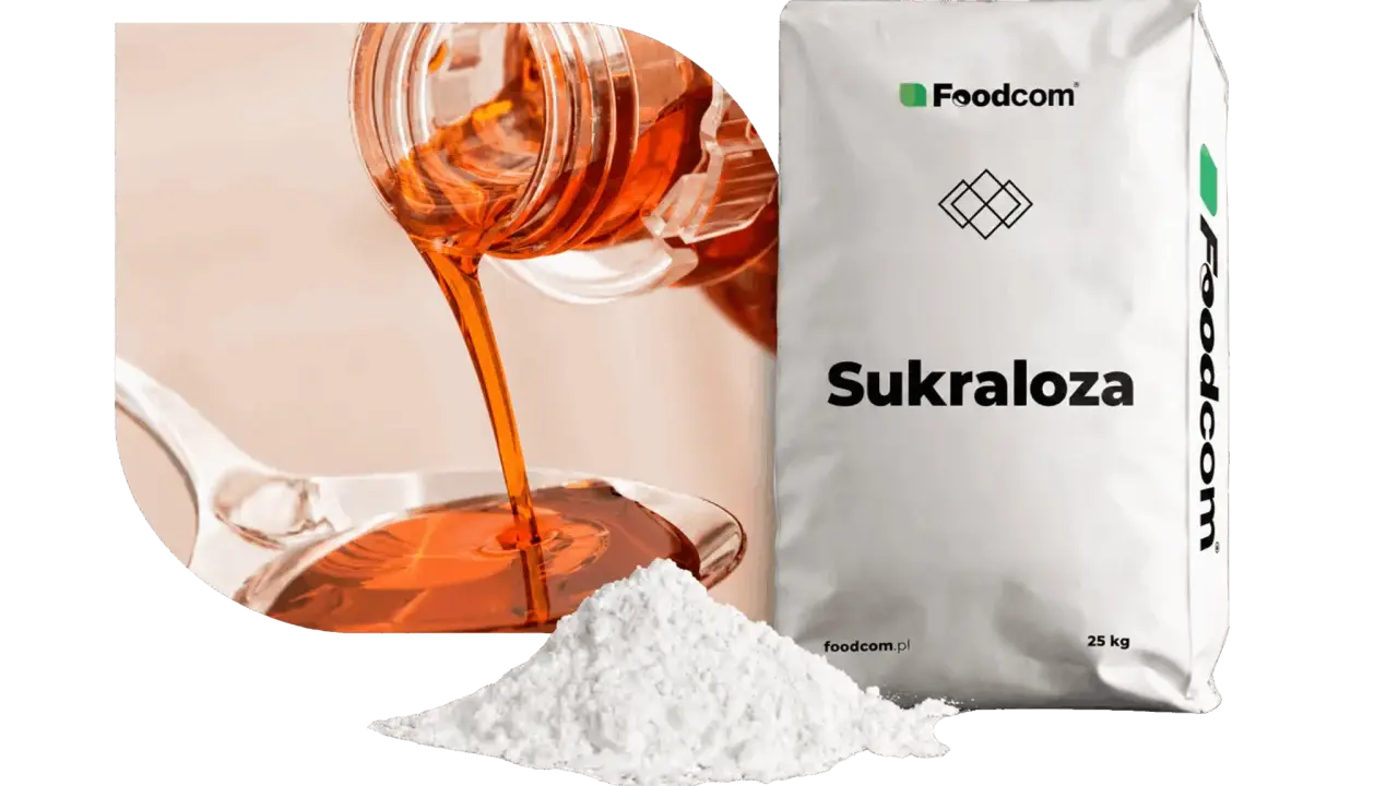 Płynna i proszkowa sukraloza, słodzik. Czy sukraloza jest szkodliwa? Worek z napisem "Sukraloza" i logo Foodcom.