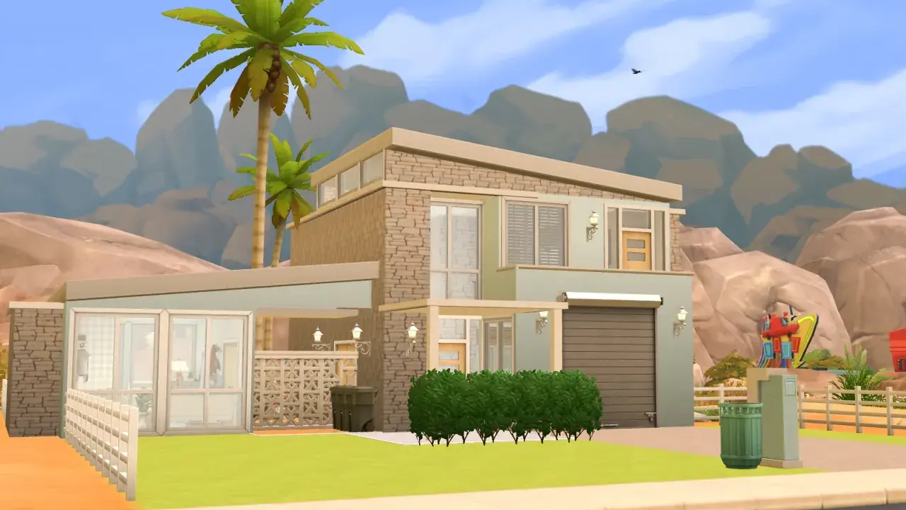 Nowy dom w The Sims 4, z palmami i pustynnym krajobrazem w tle. Idealny, by wykorzystać kod na wszystkie parcele w The Sims 4!
