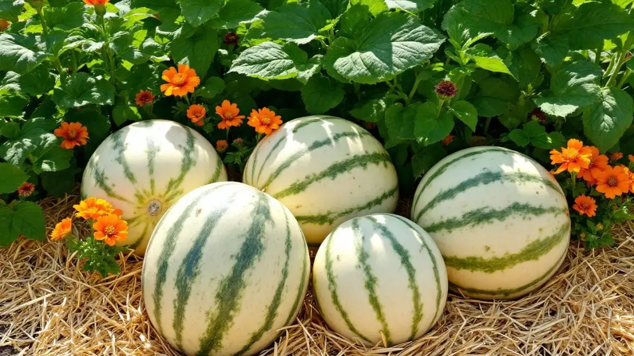 Cinq beaux melons d'eau rayés, prêts à être récoltés, reposent sur de la paille, entourés de fleurs orange vif et de feuillage vert luxuriant. Un plan de melon parfait.