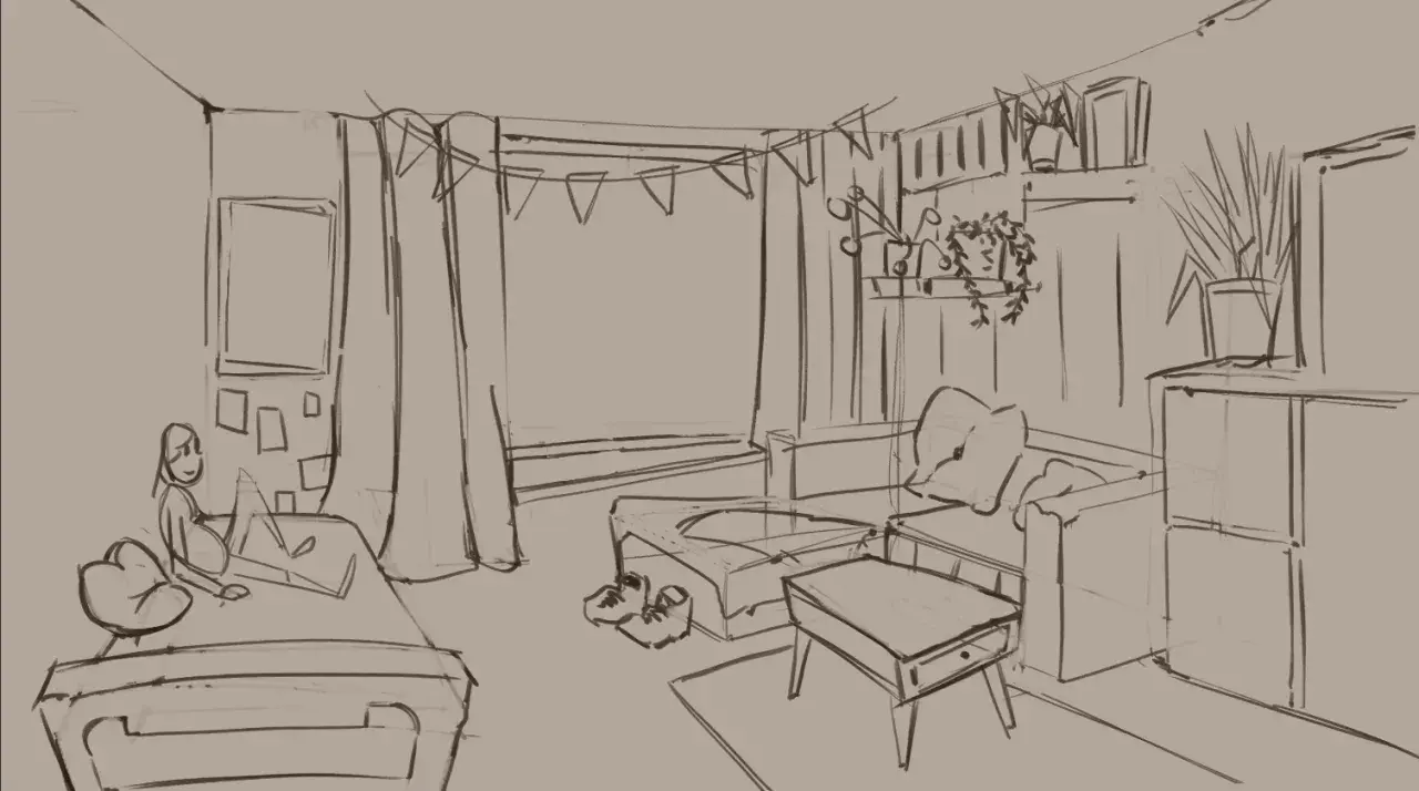 Eine Skizze zeigt ein gemütliches Wohnzimmer, das Kinder gezeichnet haben. Ein Bett, ein Sofa und ein Couchtisch sind zu sehen.