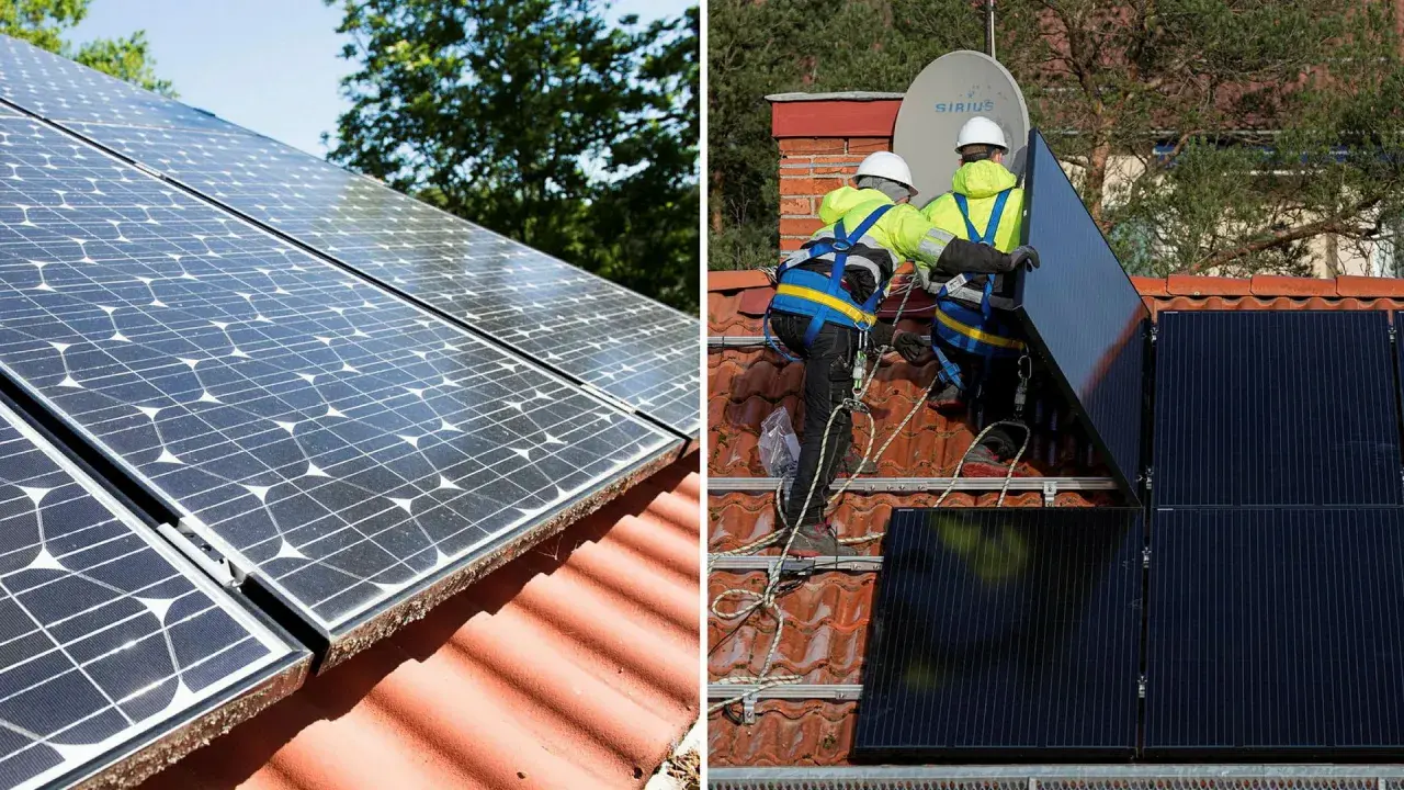 Två bilder visar installation av solceller. Till vänster syns solpaneler på ett tak. Till höger monterar två personer solpaneler, redo att generera solceller kwh.