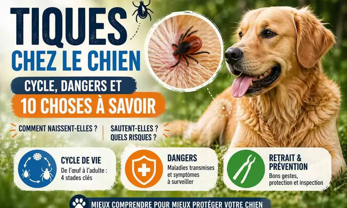 Un chien golden retriever se repose, avec une image agrandie d'une tique sur sa peau. L'infographie explique le cycle de vie, les dangers et la prévention des tiques chez le chien.