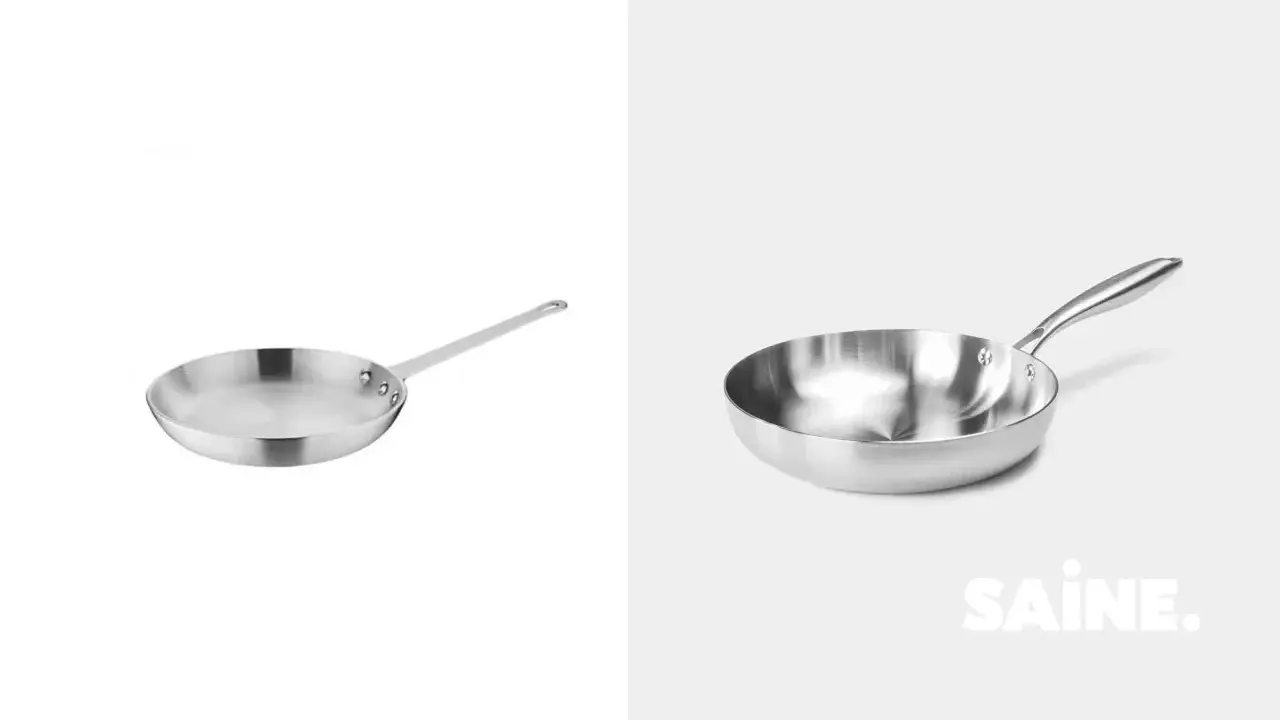 Deux poêles en inox ou aluminium, l'une à gauche, l'autre à droite avec le logo SAINE.
