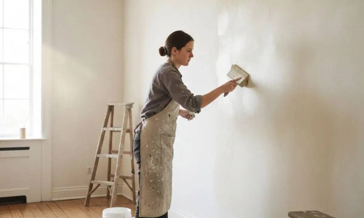 Femme appliquant une peinture à la chaux, un travail qui peut révéler des inconvénients comme des traces si mal appliqué.
