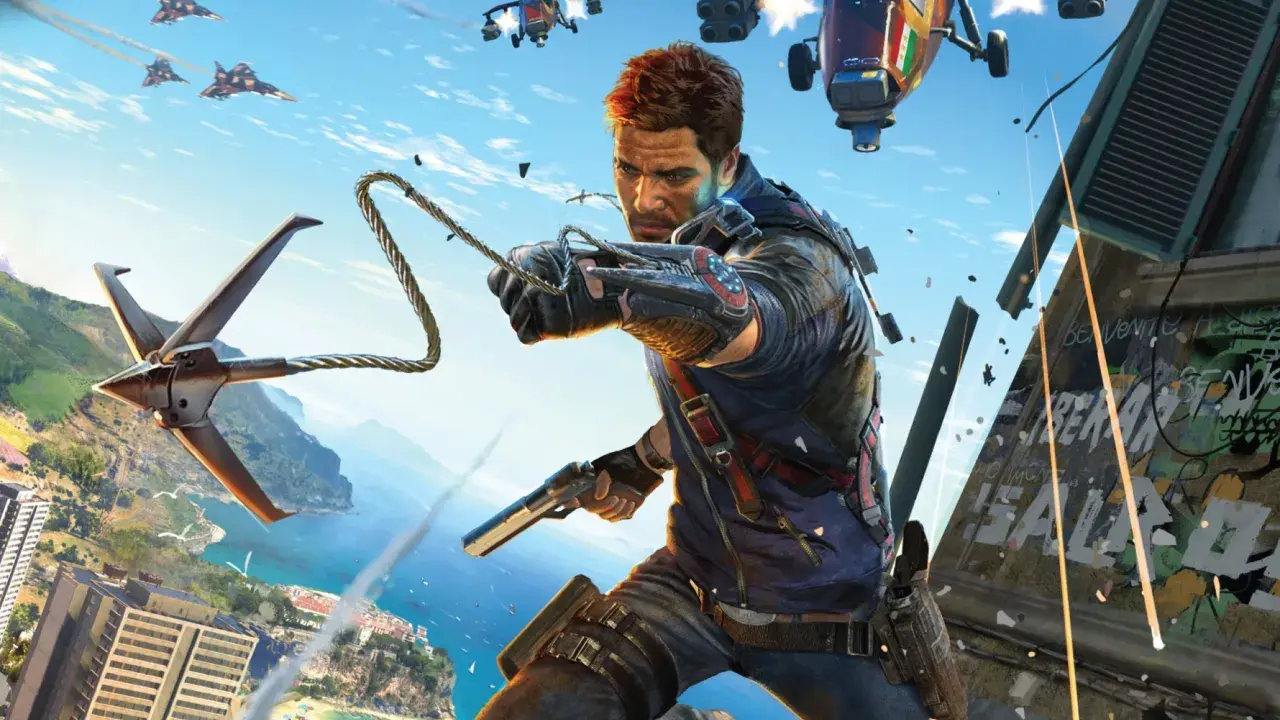 Rico Rodriguez z Just Cause 5 w akcji, z pistoletem i hakiem, na tle tropikalnego miasta i nieba pełnego helikopterów.