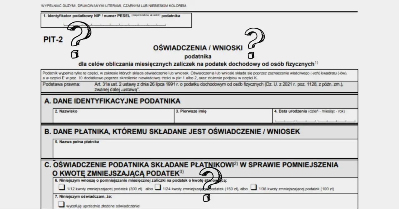 Formularz PIT-2, wniosek o pomniejszenie zaliczki na podatek. W sekcji C podatnik może zadeklarować kwotę zmniejszającą podatek.
