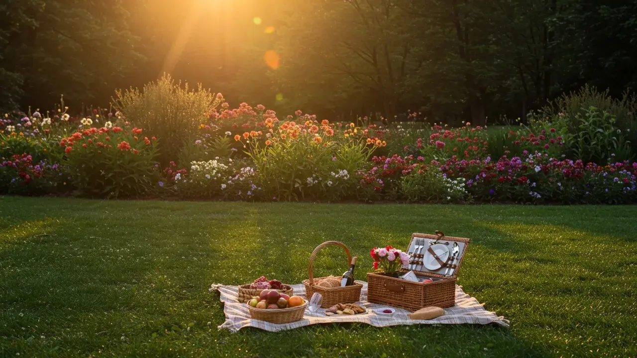 Ein idyllischer Picknickplatz im Abendlicht, umgeben von bunten Blumen. Perfekt für Berlin Geheimtipps abseits des Trubels.