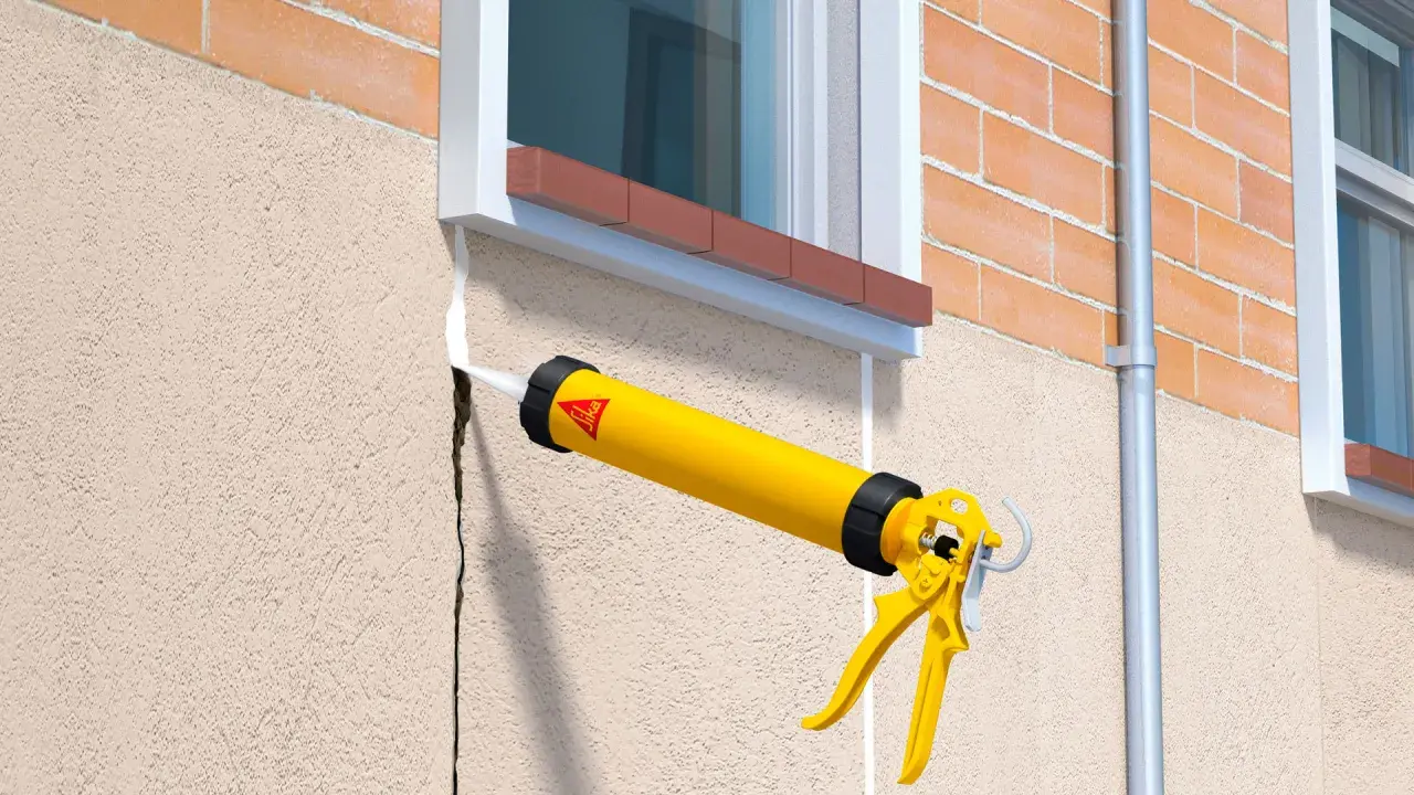Pistola de calafateo amarilla aplicando sellador blanco para como tapar grietas en la pared exterior de estuco junto a una ventana.