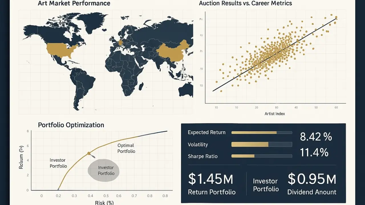 Visualizing art finance: world map of art market performance, auction results vs. artist index, portfolio optimization, and key financial metrics.