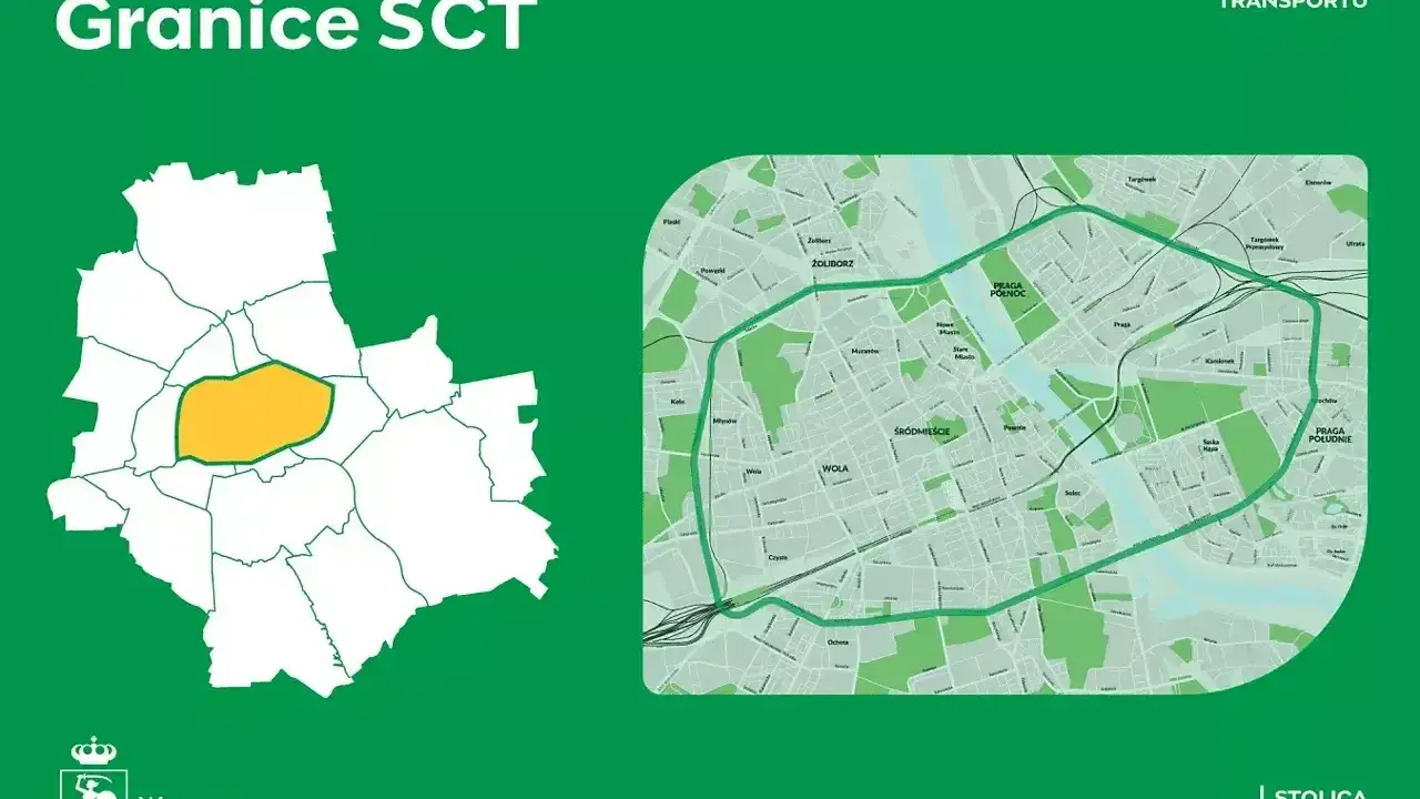 Mapa Warszawy z zaznaczoną Strefą Czystego Transportu. Polska naklejka ekologiczna informuje o granicach SCT.