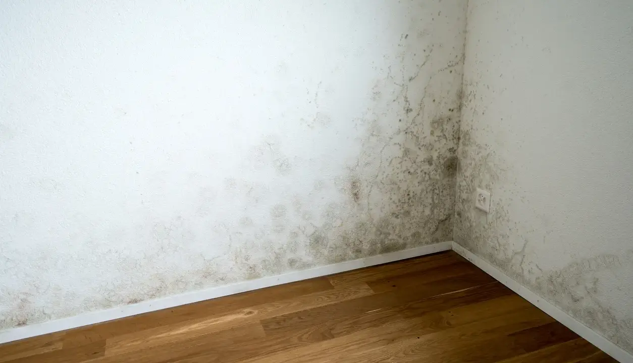 Moho en la esquina de una habitación, indicativo de problemas de humedad y posible alta temperatura de condensación.