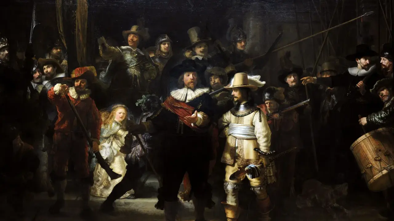 Rembrandt's "The Night Watch" painting depicts a lively militia company preparing to march.