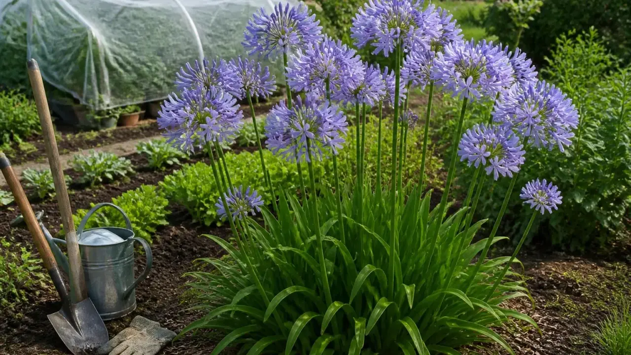 Gros plan sur une agapanthe en fleurs, avec des outils de jardinage à proximité. L'entretien de ces beautés bleues est un plaisir.
