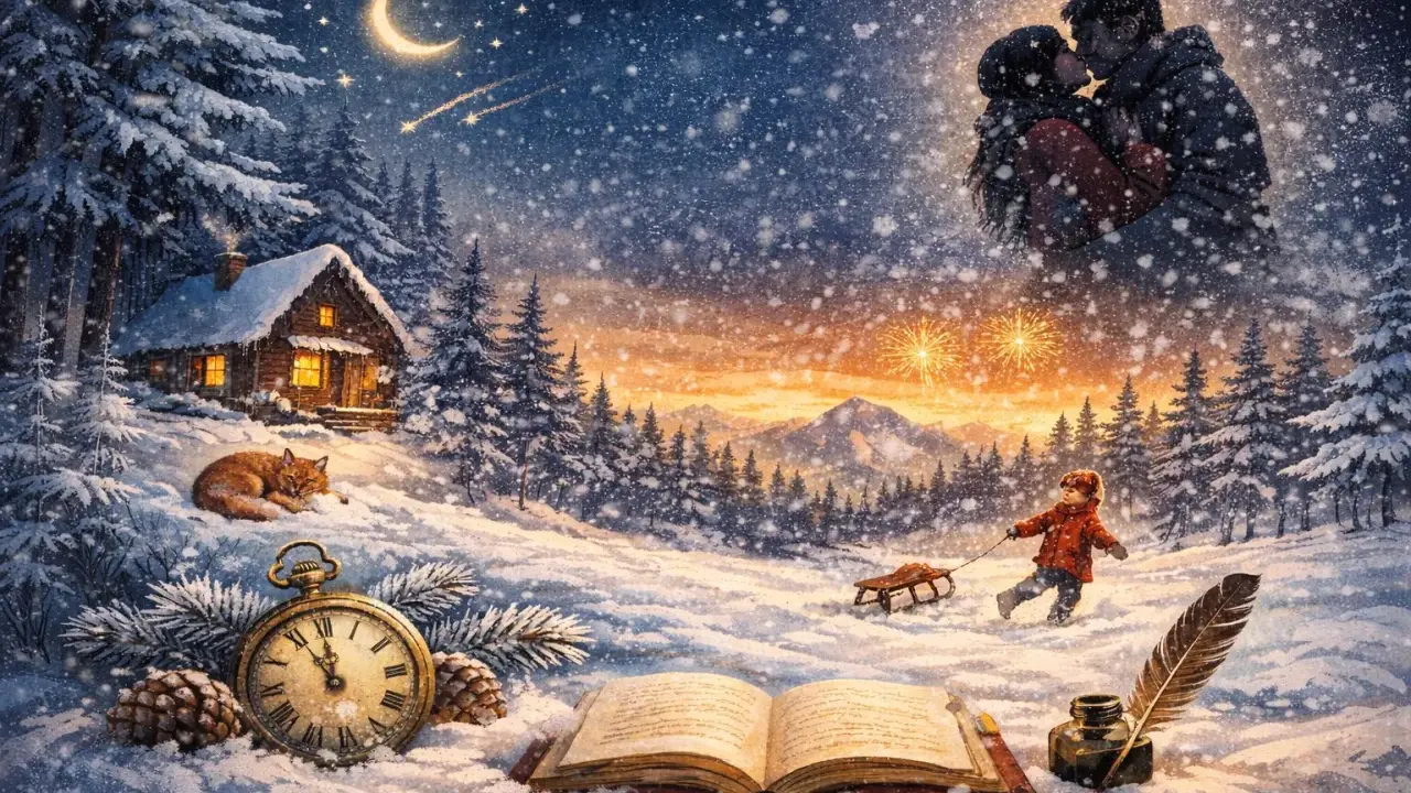 Una poesia d'inverno breve: un bambino tira una slitta, una coppia si bacia sotto la luna, una volpe dorme vicino a una baita.