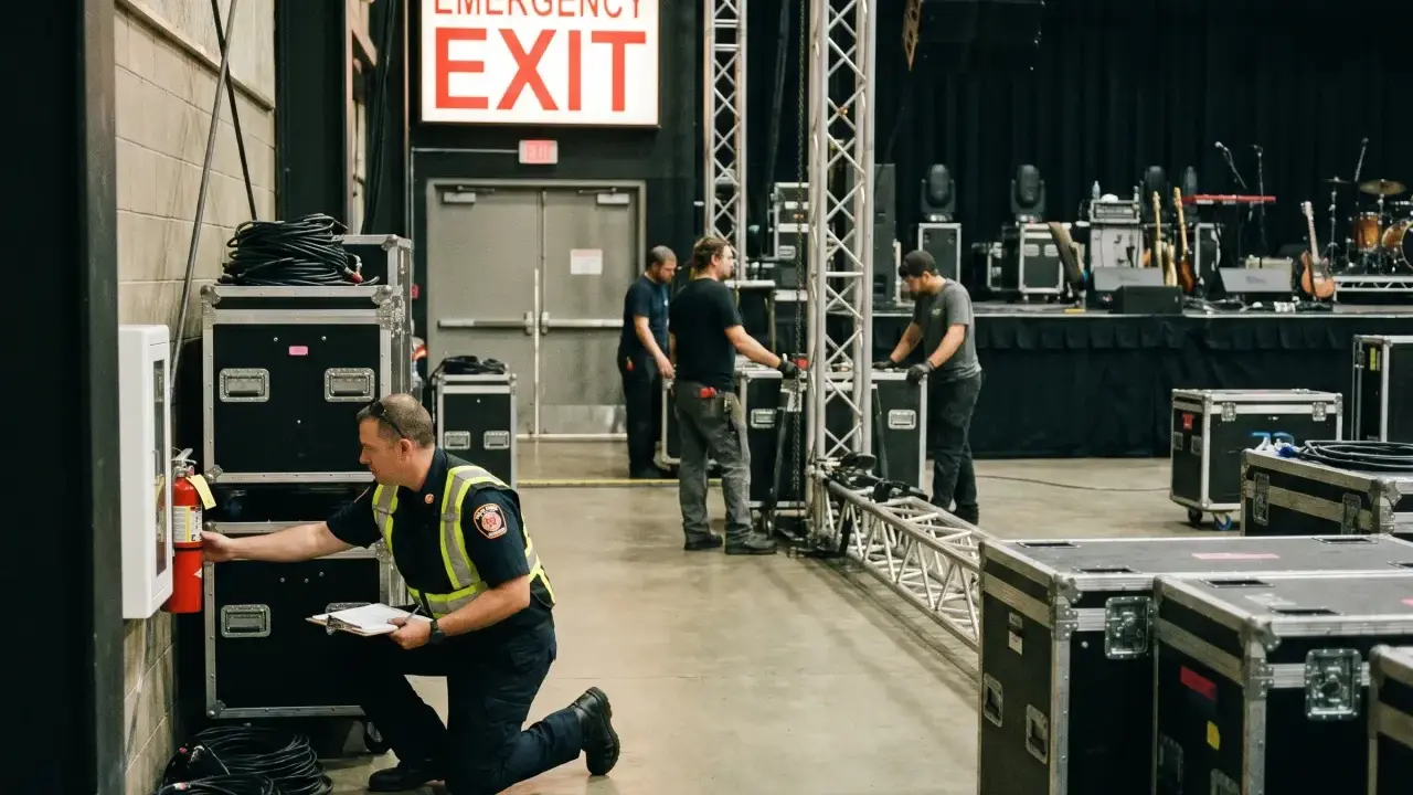 Pracownik sprawdza gaśnicę przy znaku "EMERGENCY EXIT". W tle widać scenę koncertową i sprzęt. To miejsce zbiórki do ewakuacji.
