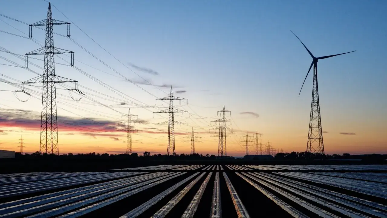 Strommasten und Windrad im Abendrot, ein Symbol für die grüne energie schweden.