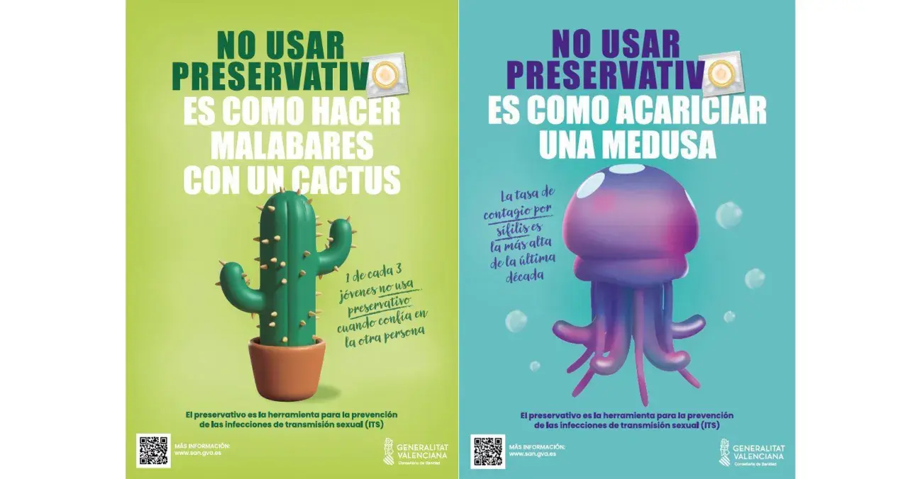 Carteles advierten: no usar preservativo es peligroso. Uno muestra un cactus, otro una medusa. La prevención de la clamidia es clave.