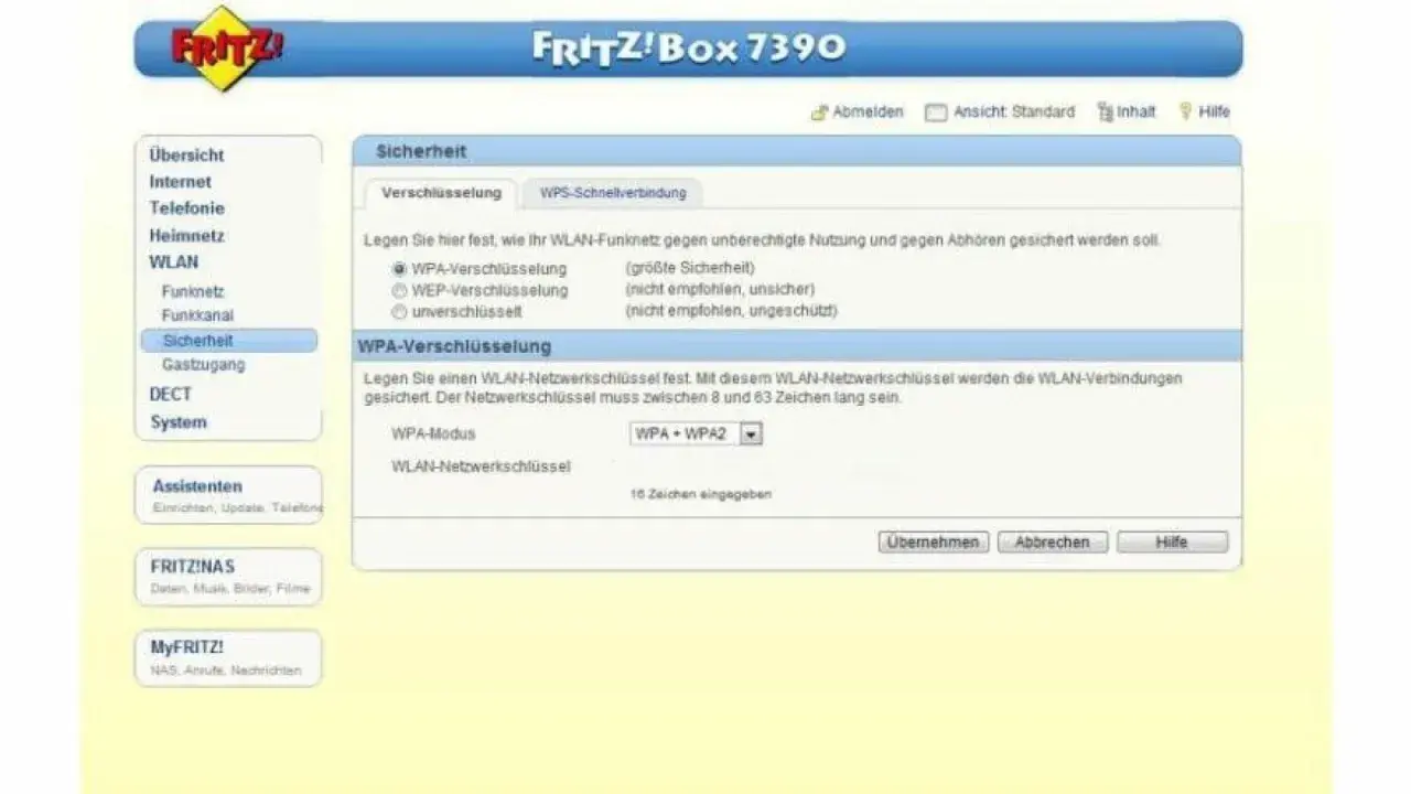 FRITZ!Box 7390: Sicherheitseinstellungen für WLAN. Wähle zwischen WPA2 oder WPA3 für maximale Sicherheit.