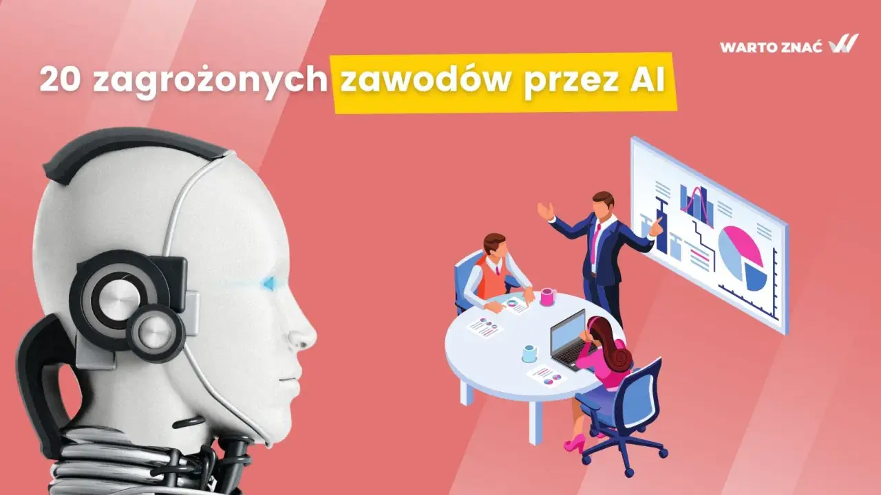 Głowa robota obok ludzi przy stole, symbolizująca 20 zawodów, które znikną przez AI.