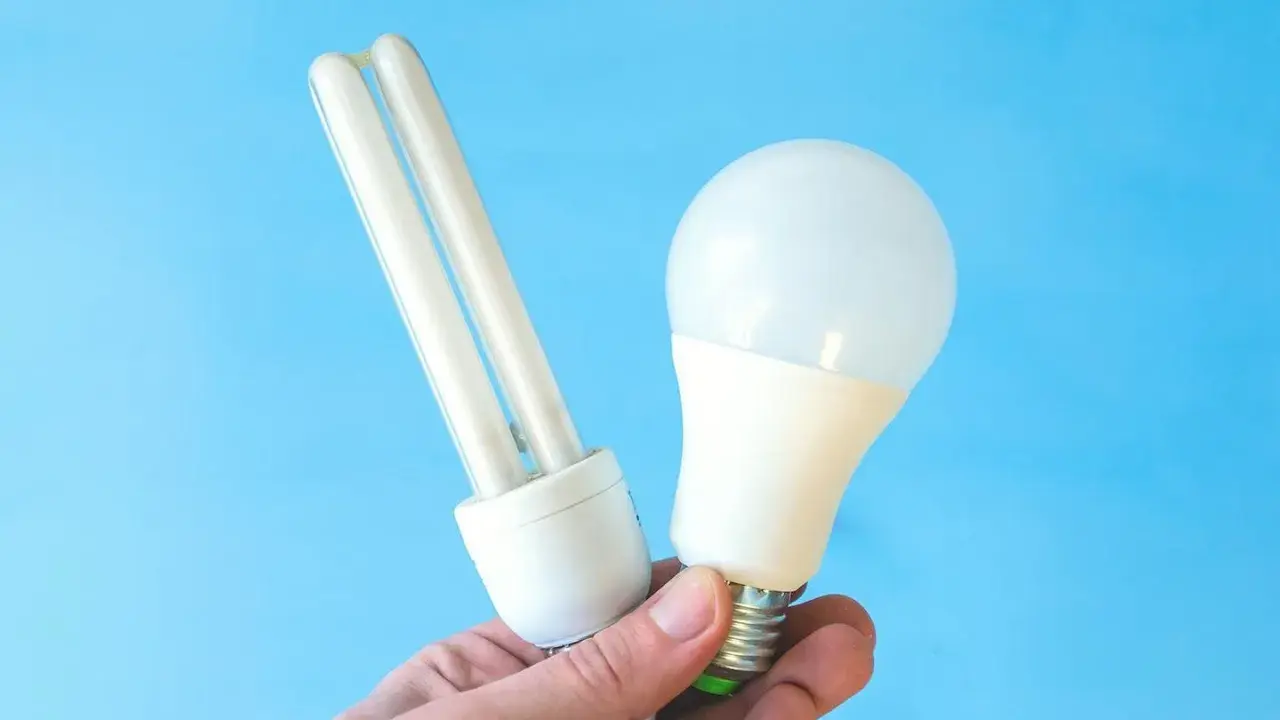 Une ampoule fluocompacte et une ampoule LED sont tenues dans une main, illustrant la puissance LED moderne.