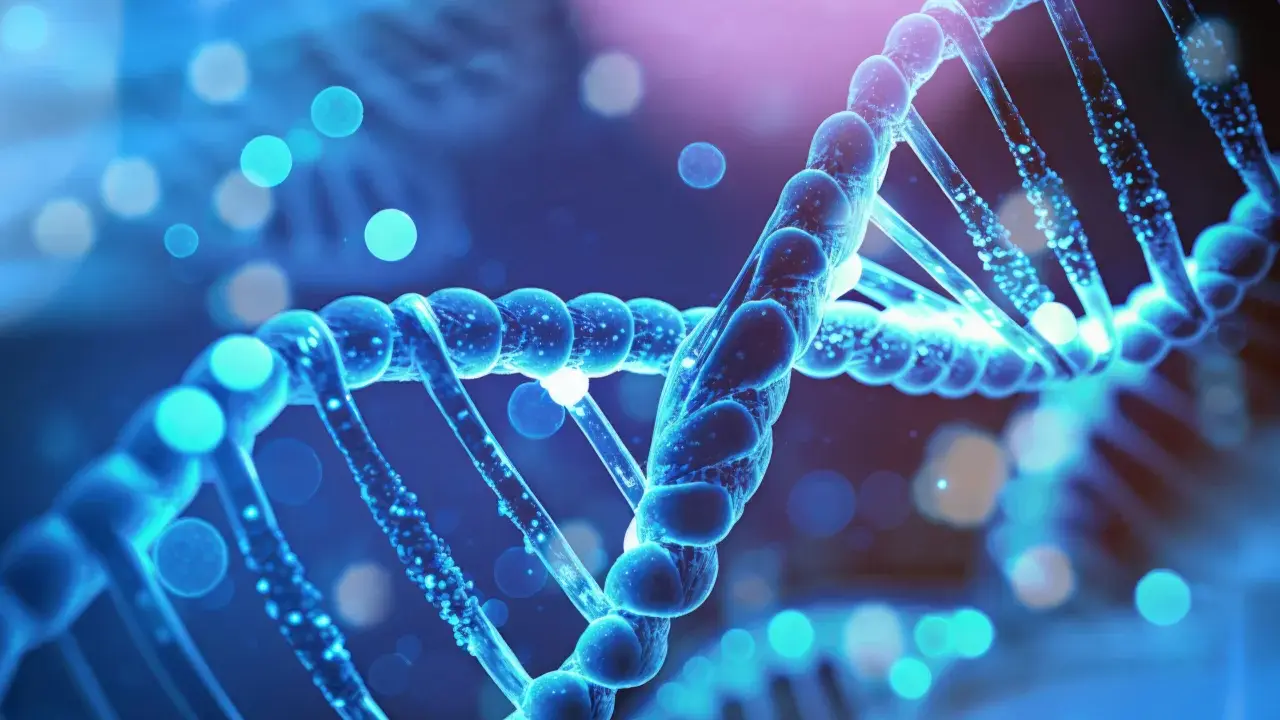 Niebieska podwójna helisa DNA, symbolizująca genetyczne podstawy, rodzi pytanie: czy autyzm jest dziedziczny?