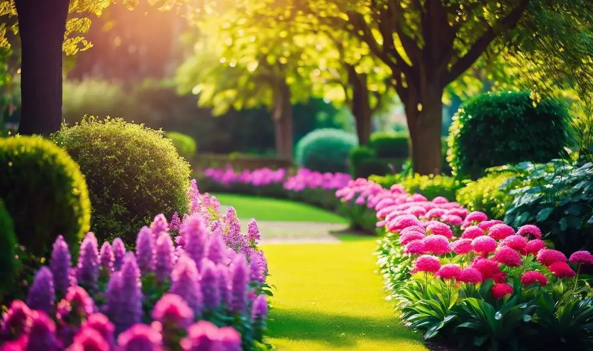 Un chemin de jardin bordé de fleurs roses et violettes, baigné par la lumière dorée du soleil. Une pensée fleurie pour une promenade paisible.