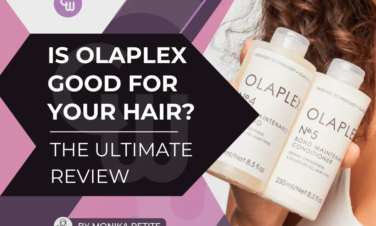 Olaplex Behandlung beim Friseur: Zwei Flaschen Olaplex No.4 und No.5 werden gehalten. Die Frage "Is Olaplex good for your hair?" wird thematisiert.