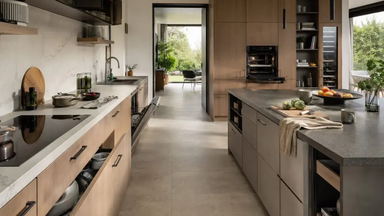 Cuisine moderne avec îlot central, plan de travail en pierre, armoires en bois et un grand espace circulation.