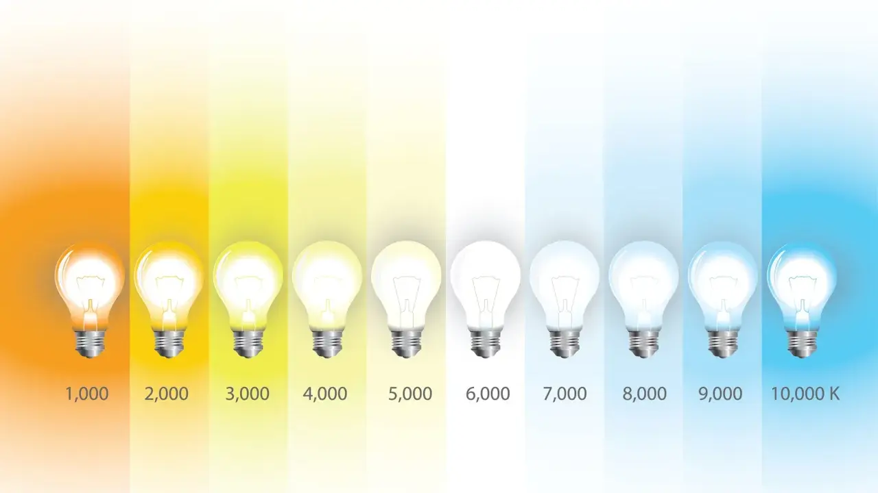 Skala temperatur barwowych żarówek: od pomarańczowego (1000K) do niebieskiego (10000K). Ciepłe białe światło to niższe wartości Kelwinów.