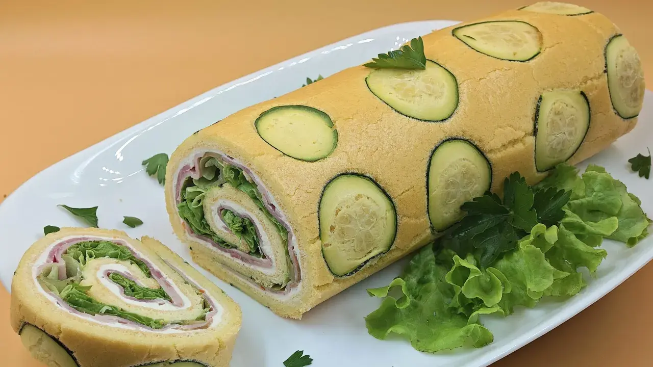 Rotolo di zucchine ripieno di prosciutto e insalata, decorato con fette di zucchina e prezzemolo su un piatto bianco.