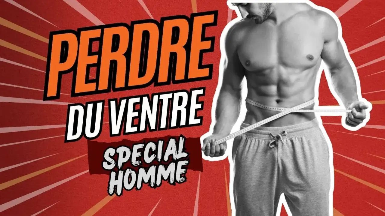Homme musclé mesurant sa taille pour maigrir du ventre. Le texte "Perdre du ventre spécial homme" est affiché.