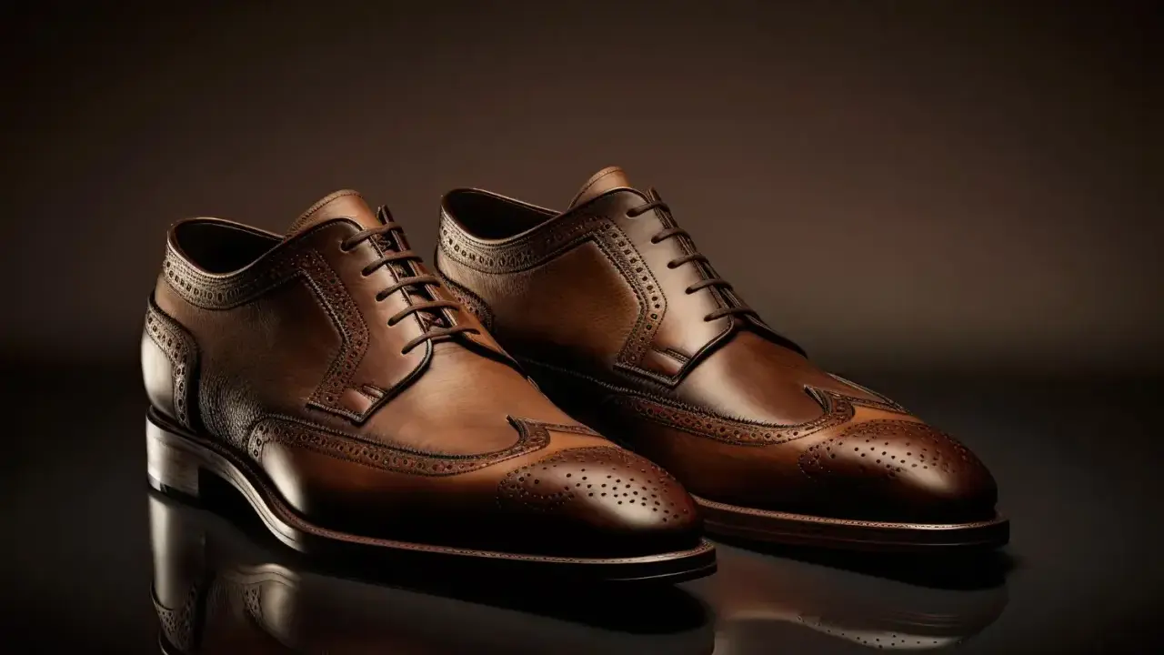 Eleganti scarpe stringate in pelle marrone, un esempio di diversi tipi di scarpe classiche da uomo con decorazioni traforate.