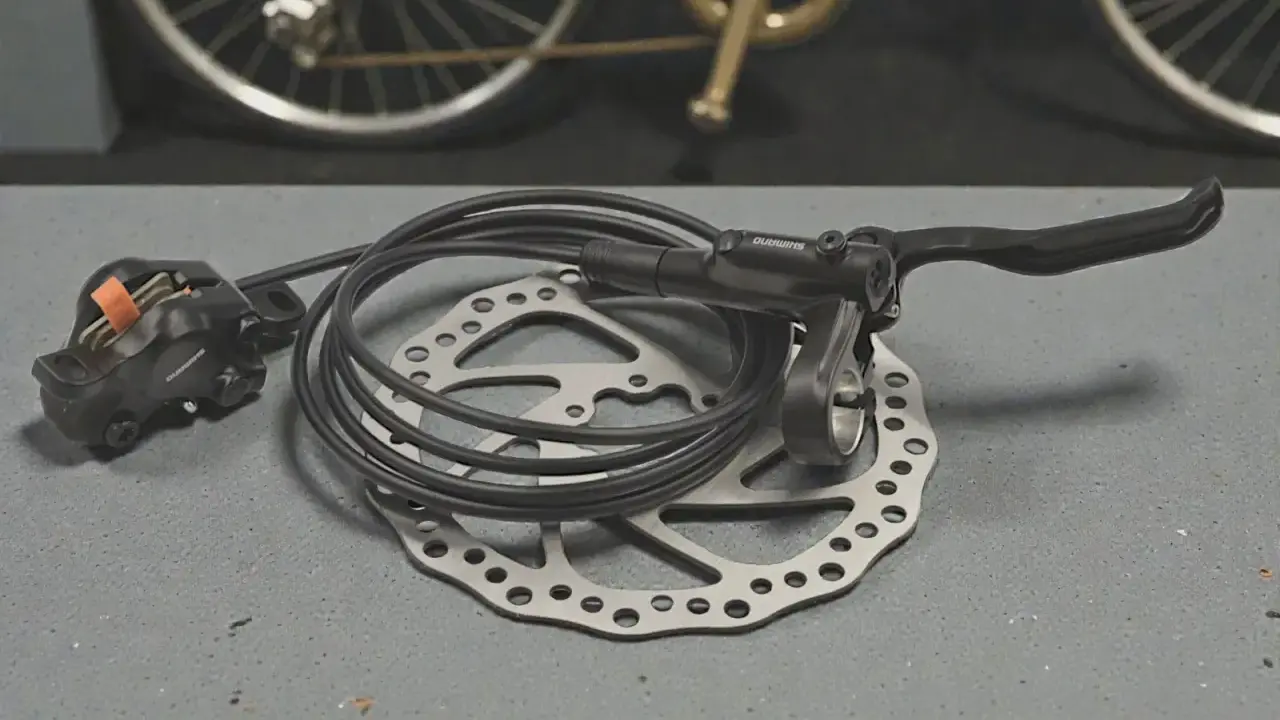 Zestaw hamulców hydraulicznych Shimano z tarczą. Dowiedz się, jak wyregulować hamulce hydrauliczne w rowerze, by zapewnić sobie bezpieczeństwo.