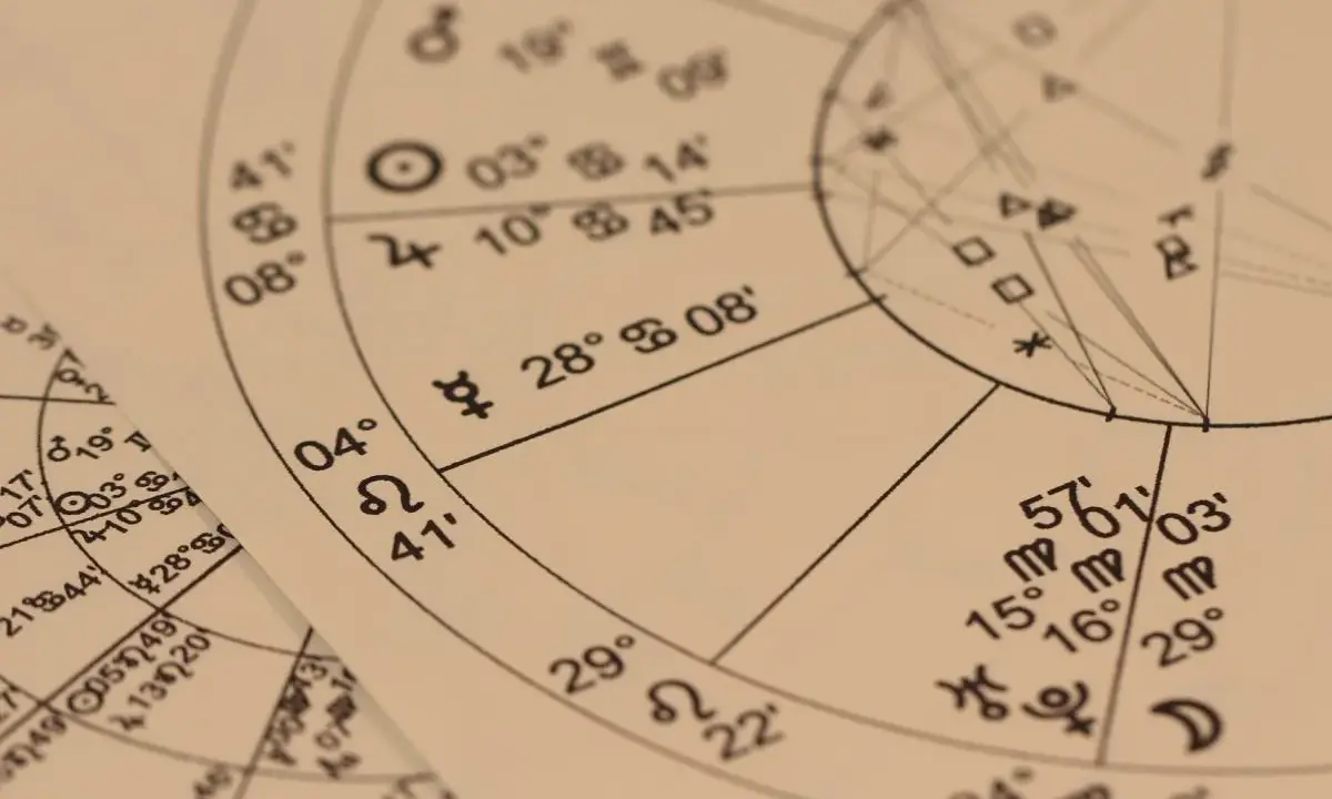 Zbliżenie na papier z symbolami i liczbami, ukazujące astrologia wedyjska kosmogram.