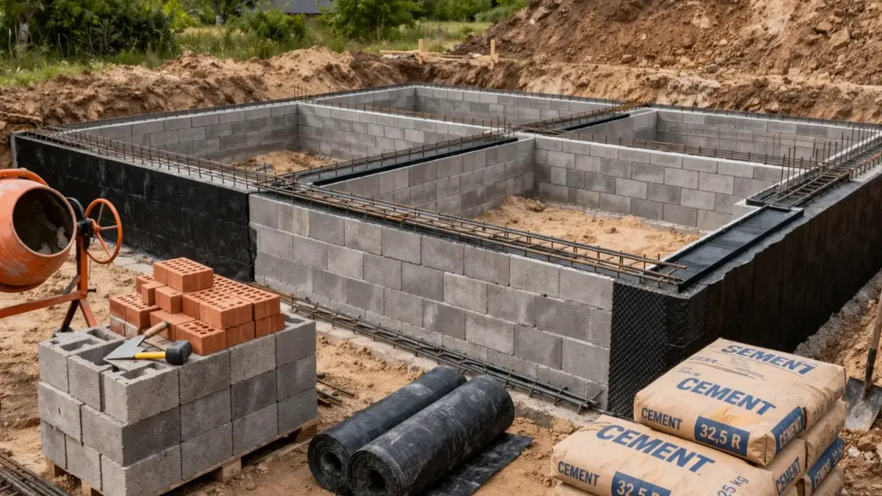 Budowa fundamentów domu w toku. Betonowe bloki tworzą ściany, zbrojenie czeka na zalanie. W pobliżu betoniarka i worki z cementem.