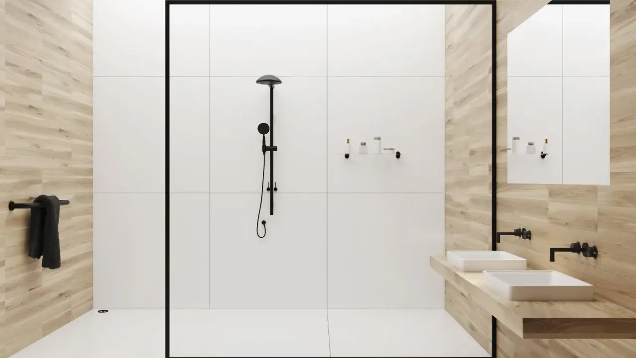 Modernes Badezimmer mit Dusche und Doppelwaschbecken. Ein durchlauferhitzer für dusche und waschbecken sorgt für warmes Wasser.