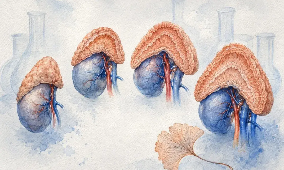 Anatomical illustration of adrenal glands atop kidneys. DHEA co to? Badania naukowe, symbolizują je szkice naczyń laboratoryjnych i liść miłorzębu.